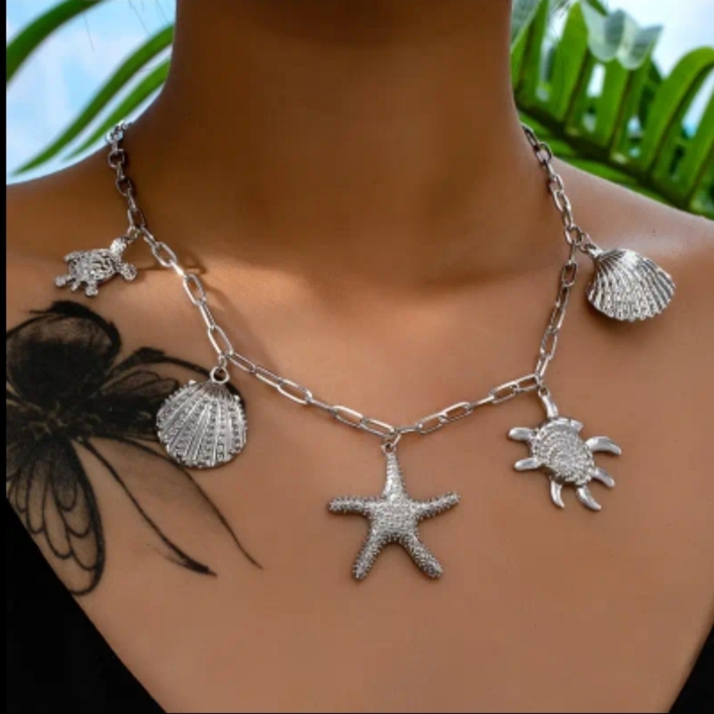 Silver Starfish and Shell Necklace